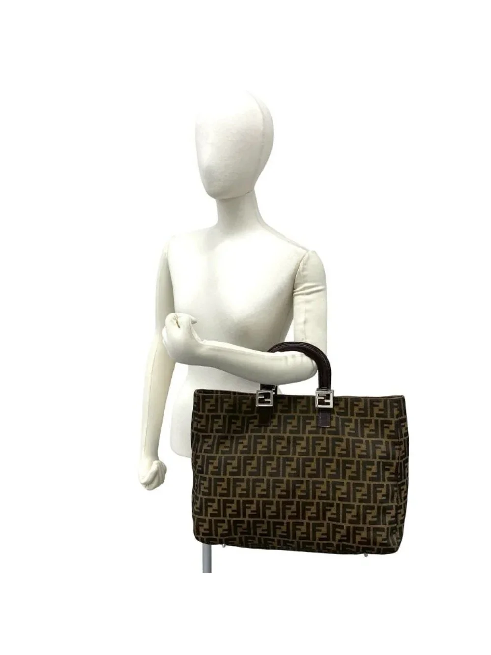 Fendi Zucca FF Pattern Canvas Leather Tote Business Brown